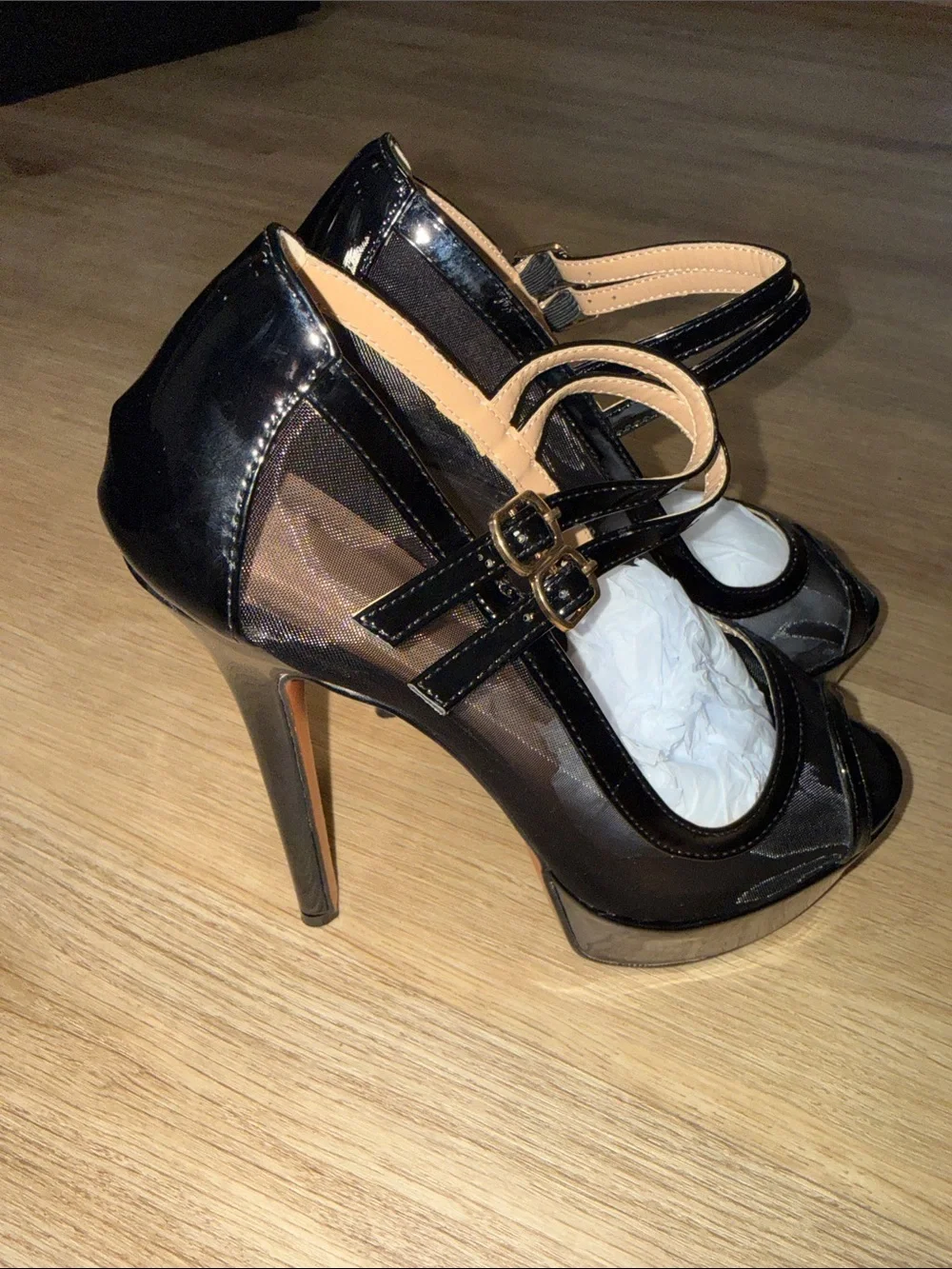 Black Platform Mary Jane Heels with Gold Buckles